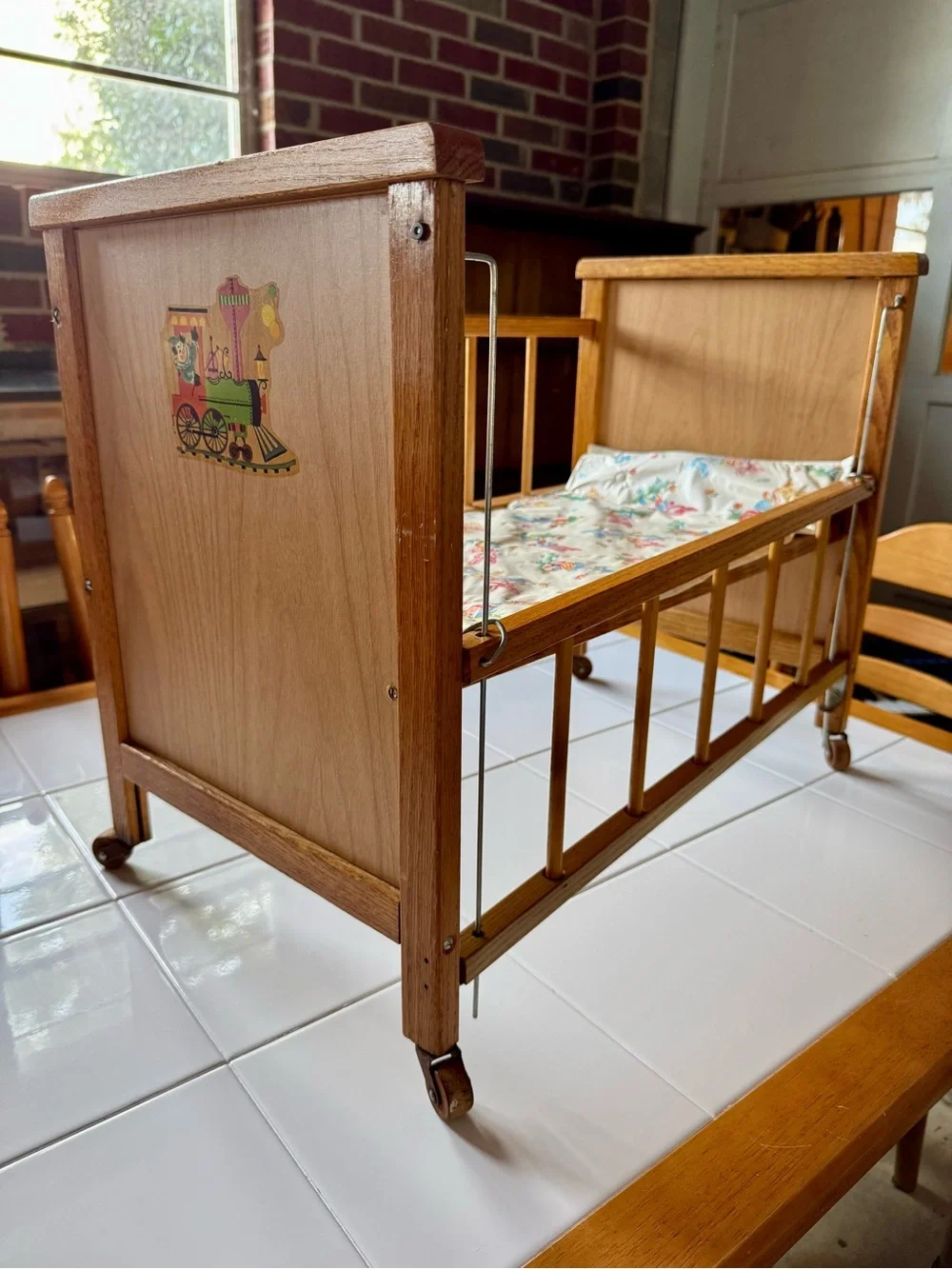 1960’s Vintage Natural Wood Doll Crib with Colorful Train Decal - CLEAN!